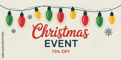 A holiday sale graphic with festive lights and snowflakes on a beige background