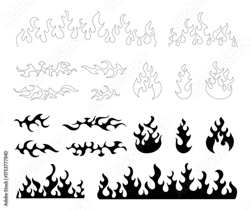 Classic silhouette flame. Black fire set isolated on white background. Old school tattoo neo-tribal style or silhouette flame for cars. Minimalistic stylish fire outline and filled contour.