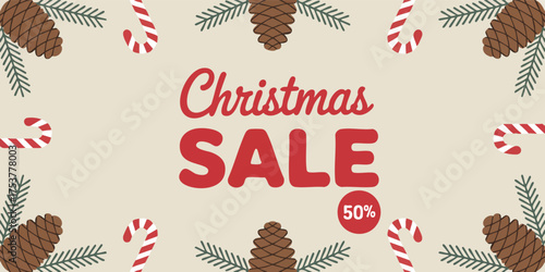 Christmas Sale ad featuring pinecones candy canes  red text on a beige background promoting a 50 discount