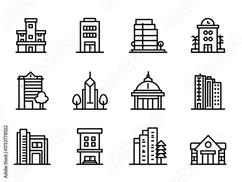 Vector Building Icon Set Modern Line Art Collection of Skyscrapers and Architectural Structures