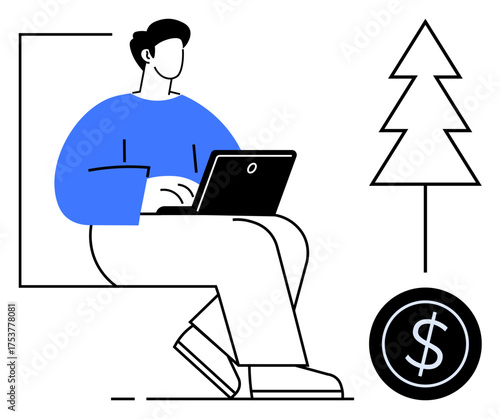 Person engaged with laptop, tree symbolizes eco-focus, money element suggests financial planning. Ideal for remote work, sustainability, eco-business, freelancing, finance, tech productivity