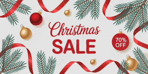 Christmas sale ad with tree branches ribbon and ornaments on a white background