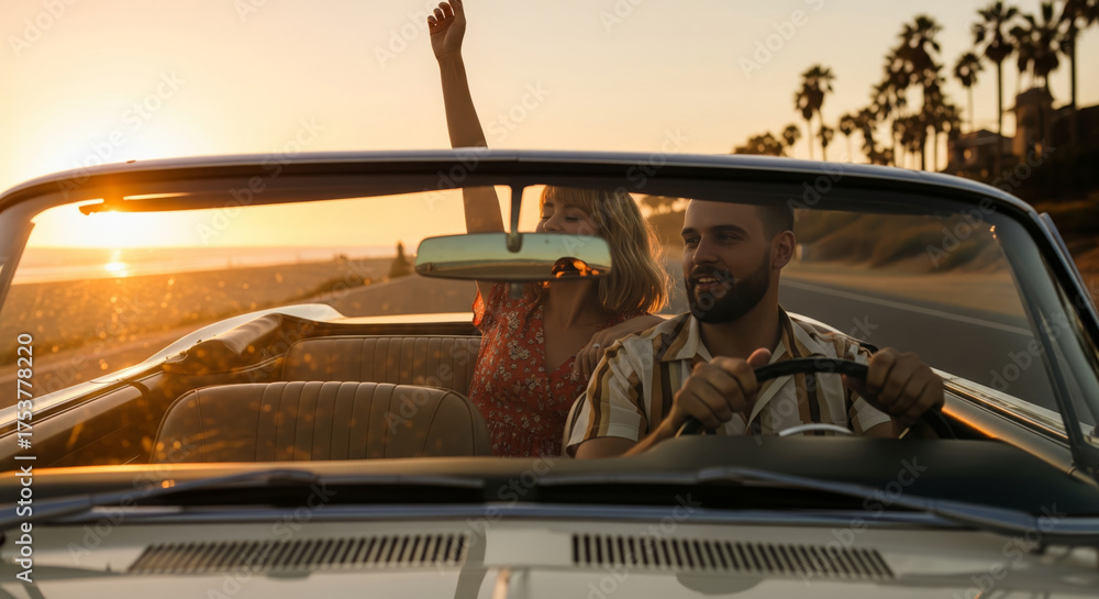 Naklejka premium Happy couple driving in a vintage convertible along the beach at sunset, enjoying summer freedom.