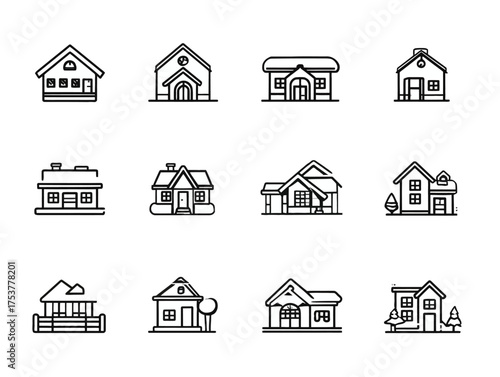 Vector House Icon Set Collection of Residential Building Symbols in Minimalist Line Style for Architecture and Real Estate Design