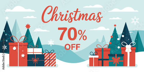 Christmas sale scene gifts trees  snowy hills 70 OFF text