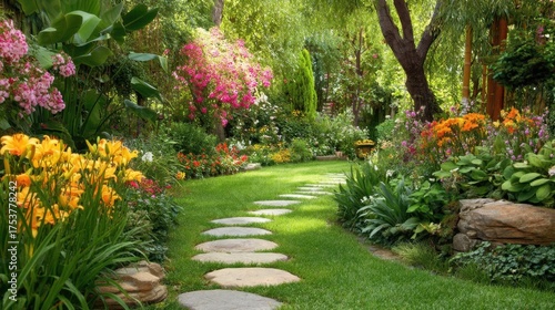 Wallpaper Mural Lush Botanical Garden Pathway Surrounded by Colorful Flower Blooms with Greenery and Trees in a Serene Outdoor Environment Torontodigital.ca