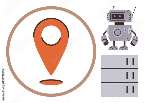 Red location marker, friendly robot, and server stack represent data storage, automation, artificial intelligence, and geolocation. Ideal for technology, robotics, innovation GPS cloud computing