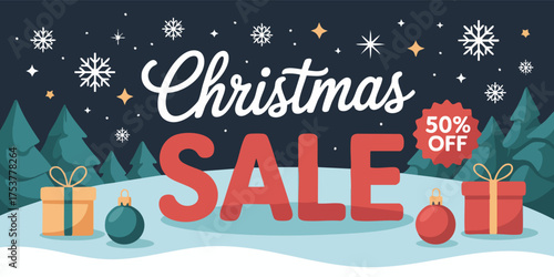 Christmas Sale Snowcovered gifts  ornaments sit amidst trees snowflakes  a 50 off promotion