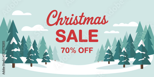 Christmas sale snowy forest scene with red text stating Christmas SALE 70 OFF against a light blue backdrop