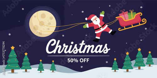 Christmas scene Santa with gifts flying in a sleigh over snowy trees under a moonlit sky