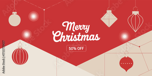 Festive banner Merry Christmas text ornaments redbeige color scheme promoting a 50 off sale