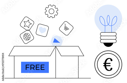 Open box labeled FREE with app icons, gear, lightbulb, and euro coin suggesting innovation, creativity, technology, savings, business strategy marketing and monetization. Minimalist flat metaphor
