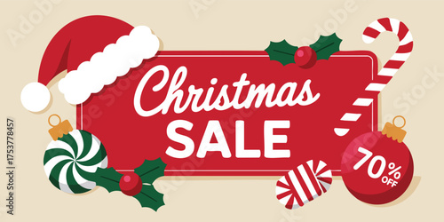 Festive Christmas sale design features a Santa hat ornaments candy cane holly and a 70 off disc
