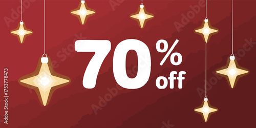 Festive sale ad 70 off text on red background with hanging star ornaments