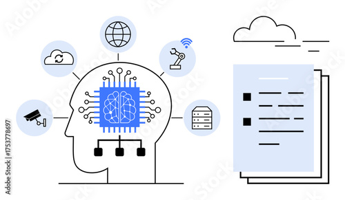Human head shape with integrated microchip links clouds, robotics, servers, and analytics. Ideal for AI, automation, innovation, data analysis technology machine learning future concepts. Simple