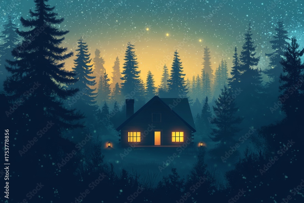 Fototapeta premium Cozy cabin in enchanted forest under starry night sky