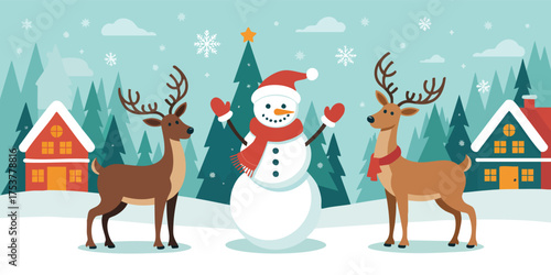 Winter scene Snowman stands between two reindeer in a snowy landscape flanked by houses and pine trees