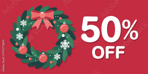 Wreath decorated with snowflakes ornaments and a bow is next to the text 50 OFF