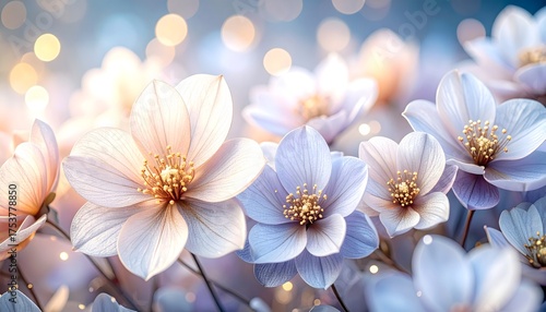 Flores delicadas en tonos pastel con luz suave y fondo bokeh