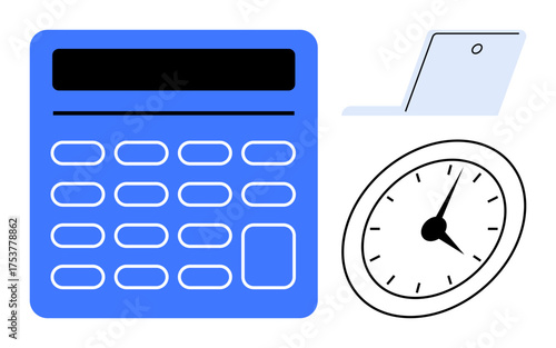 Blue calculator, minimal laptop, and analog clock emphasize calculations, organization, and deadline-focused productivity. Ideal for time management, workplace efficiency, work-life balance
