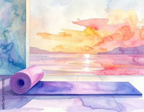 Watercolor Painting of Yoga Mat with Sunset Backdrop and Soft Color Palette