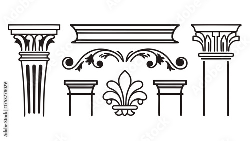 Architectural Motifs, Classical elements Blocks Design Vector Line Art Cad Drawings of structural elements, historical design, decorative motif