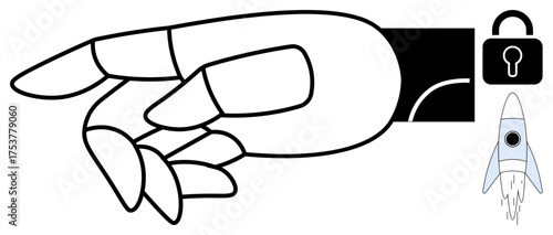 Robotic hand gesture alongside a lock and rocket, symbolizing technology, security, innovation, and progress. Ideal for AI, digital safety, automation, future tech cybersecurity space exploration