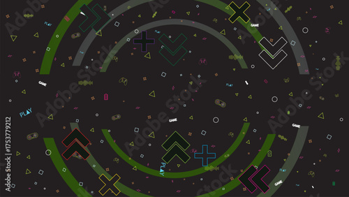 Neon Abstract Geometric Pattern Design for Digital Game Tournament Background. Dark E-Sport Wallpaper with Bright Shapes, Arrows, and Controller Outlines