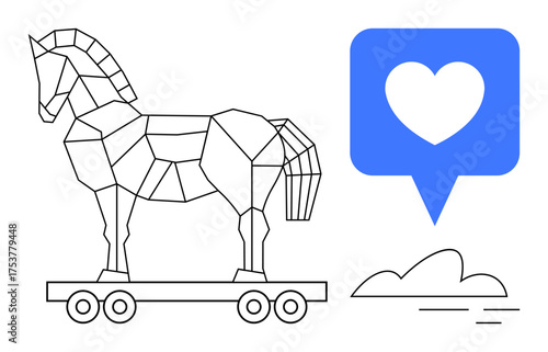 Geometric Trojan horse on wheels beside heart notification, evoking themes of security, love, and strategy. Ideal for cybersecurity, digital relationships, data manipulation, strategy, risk