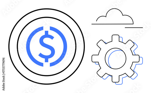Blue dollar coin encircled in black with a gear and cloud line icons. Ideal for finance, development, technology, economy, automation, cloud solutions, digital processes. Simple flat metaphor