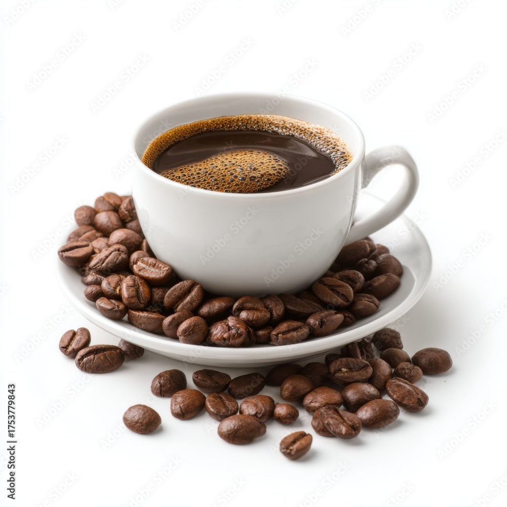 Obraz premium Cup of coffee with coffee beans on a white saucer.