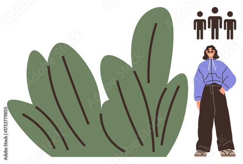 Confident woman in casual outfit next to abstract green foliage and three human icons. Ideal for individuality, teamwork, environmental themes, self-expression, inclusion, confidence, minimalism