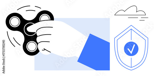 Hand using fidget spinner for focus next to shield with checkmark. Ideal for relaxation, focus, mental health, gaming, stress management, productivity, wellness. Simple flat metaphor