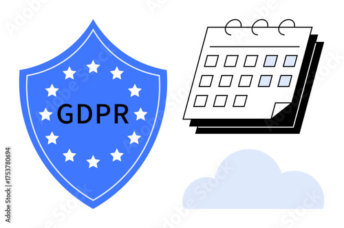 Blue shield labeled GDPR, calendar symbolizing scheduling, and cloud visualizing data storage. Ideal for data security, privacy protection, compliance, digital trust, governance, scheduling cloud