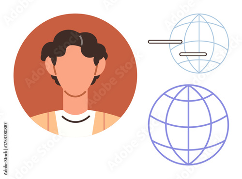 Minimalist portrait inside a red circle next to globe outlines with connection lines. Ideal for networking, communication, globalization, technology, diversity, collaboration, simple flat metaphor