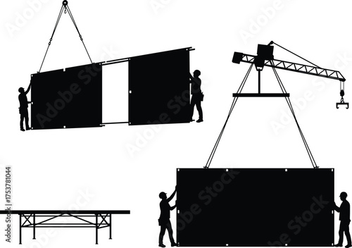 Construction, crane, worker, panel, lifting, modular, structure, building, site, industry, silhouette, safety, s