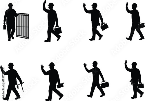 Construction, worker, labor, hard hat, toolbox, wrench, hammer, tools, walking, waving, standing, silhouette, 