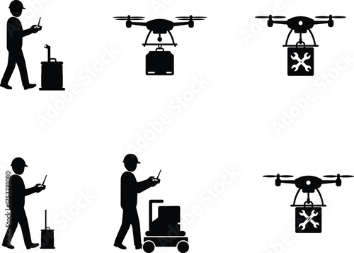 Drone, operator, worker, hard hat, remote control, suitcase, toolbox, package, construction, technology, uette, 