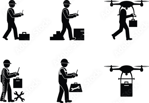 Drone, operator, worker, hard hat, toolbox, construction, technology, delivery, remote control, 