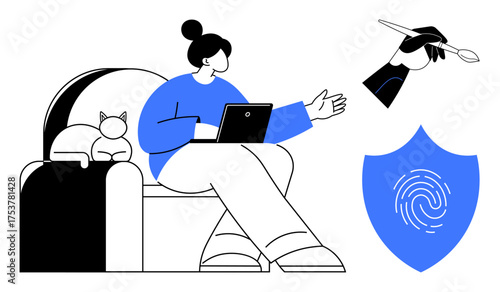 Woman seated with a laptop and cat nearby, gesturing while discussing creativity, art tools, and fingerprint shield. Ideal for remote work, digital art, security, brainstorming, leisure freelancing