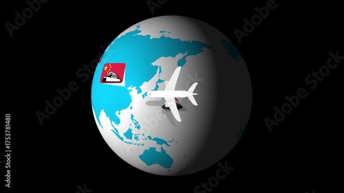 An animated airplane circles the globe, highlighting various countries through the display of their flags. Experience a visual journey of global travel.