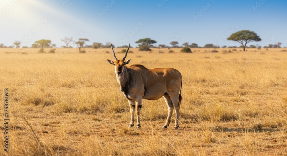 Fototapeta premium Eland antelope grazing in the savanna, showing its elegant horns and tan coat. Africa’s largest antelope symbolizing grace, strength, and wilderness.