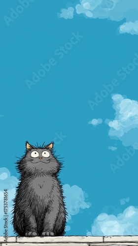 A whimsical black cat with large eyes gazes up at a bright blue sky dotted with fluffy clouds, capturing a moment of curiosity and innocence in a playful atmosphere.