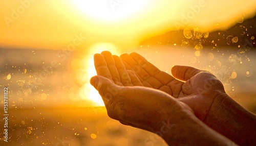 Manos abiertas hacia el sol al atardecer, símbolo de esperanza, fe y gratitud