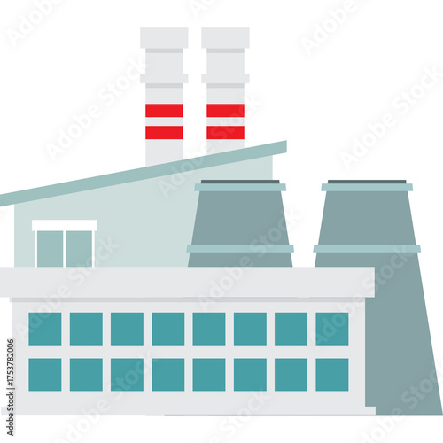 Industrial Factory Building With Smokestacks And Large Windows Featuring A Light Gray Exterior With Teal And Red Accents On A White Background