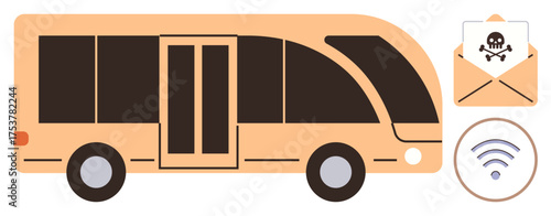 Public transport bus paired with an email featuring a threat icon and a wireless symbol. Ideal for cybersecurity, phishing warning, public transport safety, tech vulnerabilities, online security