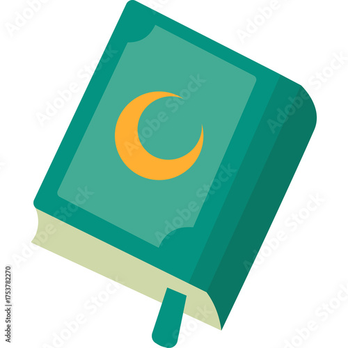 Islamic Book With Moon Symbol In Green Teal Color And Yellow Crescent Moon On Cover And Green Bookmark Isolated On Transparent Background