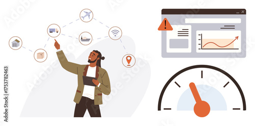 Man assessing interconnected devices with a tablet, examining data alerts on performance dashboard and speed gauge. Ideal for technology, IoT, analysis, efficiency, monitoring, productivity