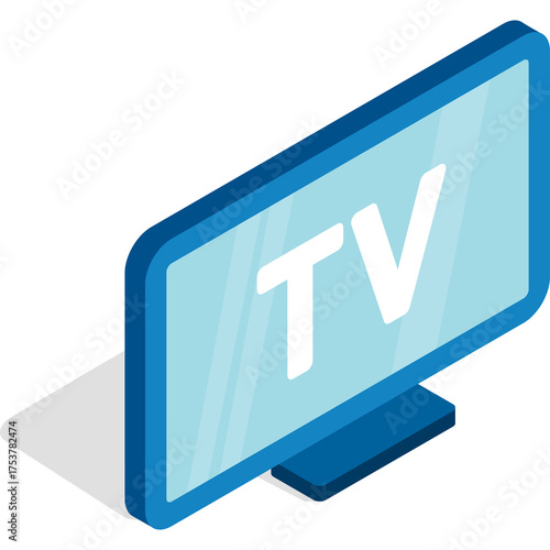 Isometric 3d icon of a blue television screen with the letters TV displayed on a transparent background featuring a dark shadow cast from the device