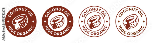 Coconut oil half with leaf icon set. 100% organic and natural. Coconut oil label, logo, badge, symbol, banner, line, flat vector, isolated illustration. Coconut oil label for product packaging design.